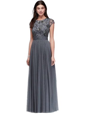Viola Chan Pewter Gray Beaded Sequin Tulle Evening Gown Maxi Dress SIZE 4
